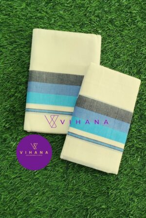 Elegant Mulloth Set Mundu with Multi colored Stripes Border Designs