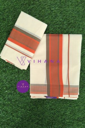 Traditional Cotton Set Mundu With Orange and Red Stripe Design Borders