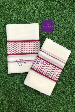 Kerala Cotton Set Mundu with Wave Pattern