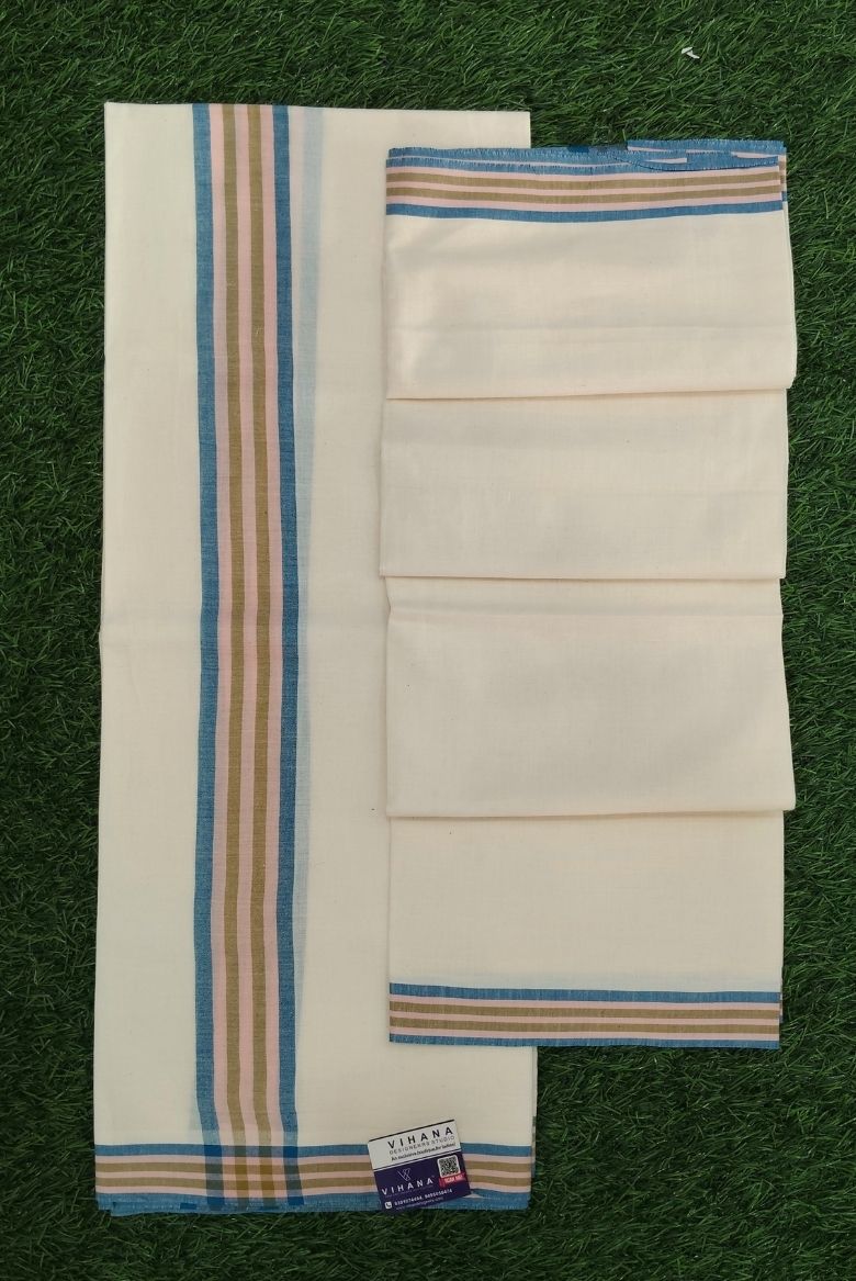 Pure Cotton Mulloth Set Mundu with Blue and Light Pink Border - Image 2