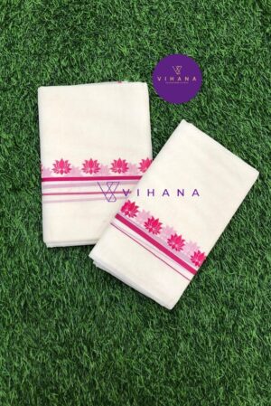 Kerala Cotton Set Mundu with Lotus Print