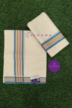 Pure Cotton Mulloth Set Mundu with Blue and Light Pink Border