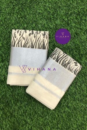 Elegant Cotton Set Mundu with Silver Border and Black Leaf Print