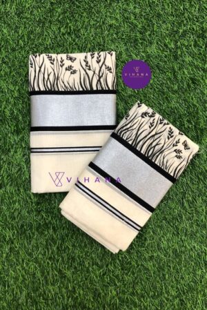 Elegant Cotton Set Mundu with Black Leaf Print