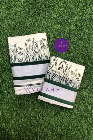 Elegant Cotton Set Mundu with Green Leaf Print