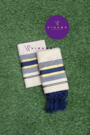 Classic Kerala Set Mundu with Navy Blue and Gold Border