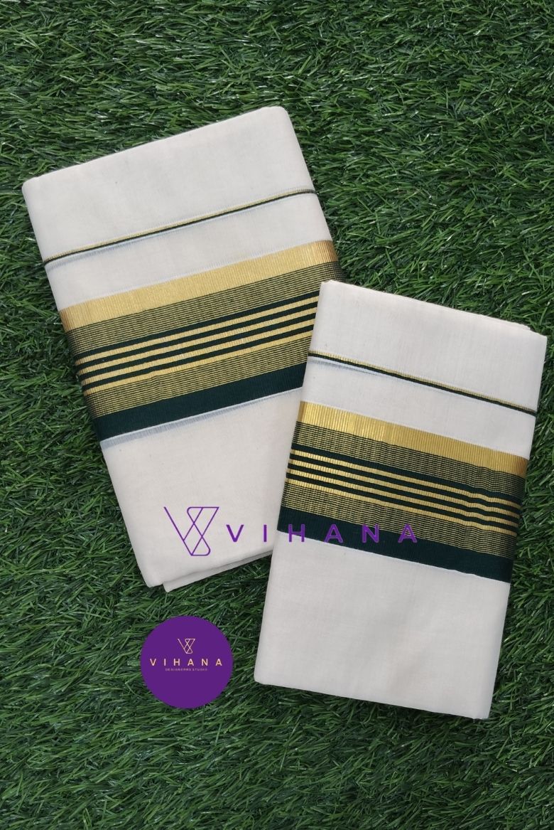 Traditional Kerala Set Mundu with Bottle Green and Gold Kasavu Border
