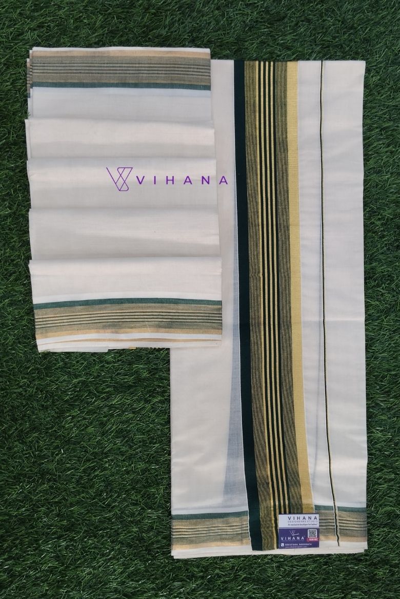Traditional Kerala Set Mundu with Bottle Green and Gold Kasavu Border - Image 2