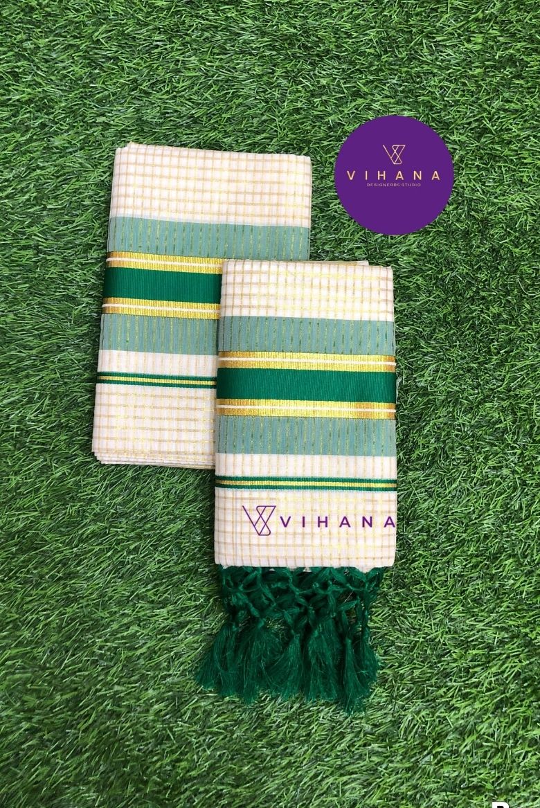 Classic Kerala Set Mundu with Green and Gold Border