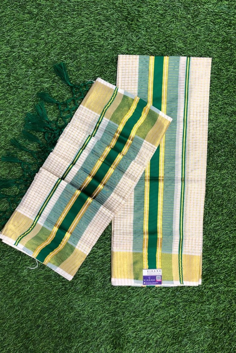 Classic Kerala Set Mundu with Green and Gold Border - Image 2