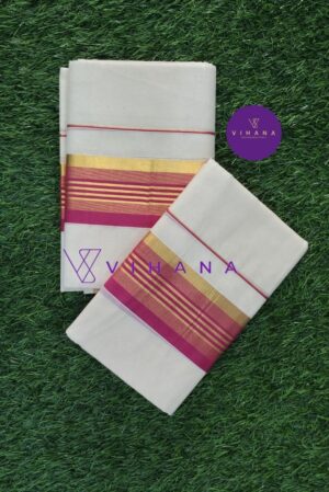 Traditional Kerala Set Mundu with Pink and Gold Kasavu Border