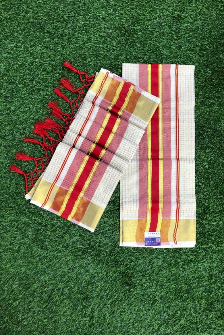 Classic Kerala Set Mundu with Red and Gold Border - Image 2