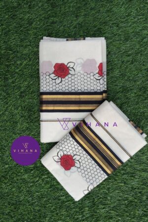 Kerala Cotton Set Mundu with Red Rose and Black Honey Comb Mesh Designs