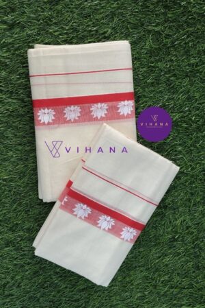 Traditional Kerala Set Mundu with Red Orange Lotus Design