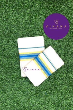 Kerala Set Mundu with Blue and Gold Kasavu Border