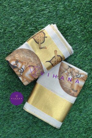 Kerala Tissue Set Mundu with Lord Krishna and Aalila Prints