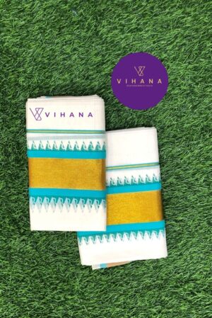 Traditional Kerala Set Mundu with Turquoise and Golden Zari Border