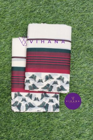 Traditional Kerala Attire along Maroon and Green Stripes with Butterfly Print Borders
