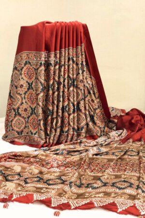 Rust Orange Modal Satin Silk Saree with Traditional Ajrakh Print