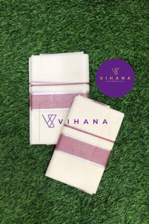 Kerala Cotton Set Mundu with Maroon and Silver Strip Border