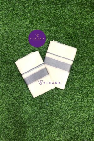 Kerala Cotton Set Mundu with Blue and Silver Strip Border