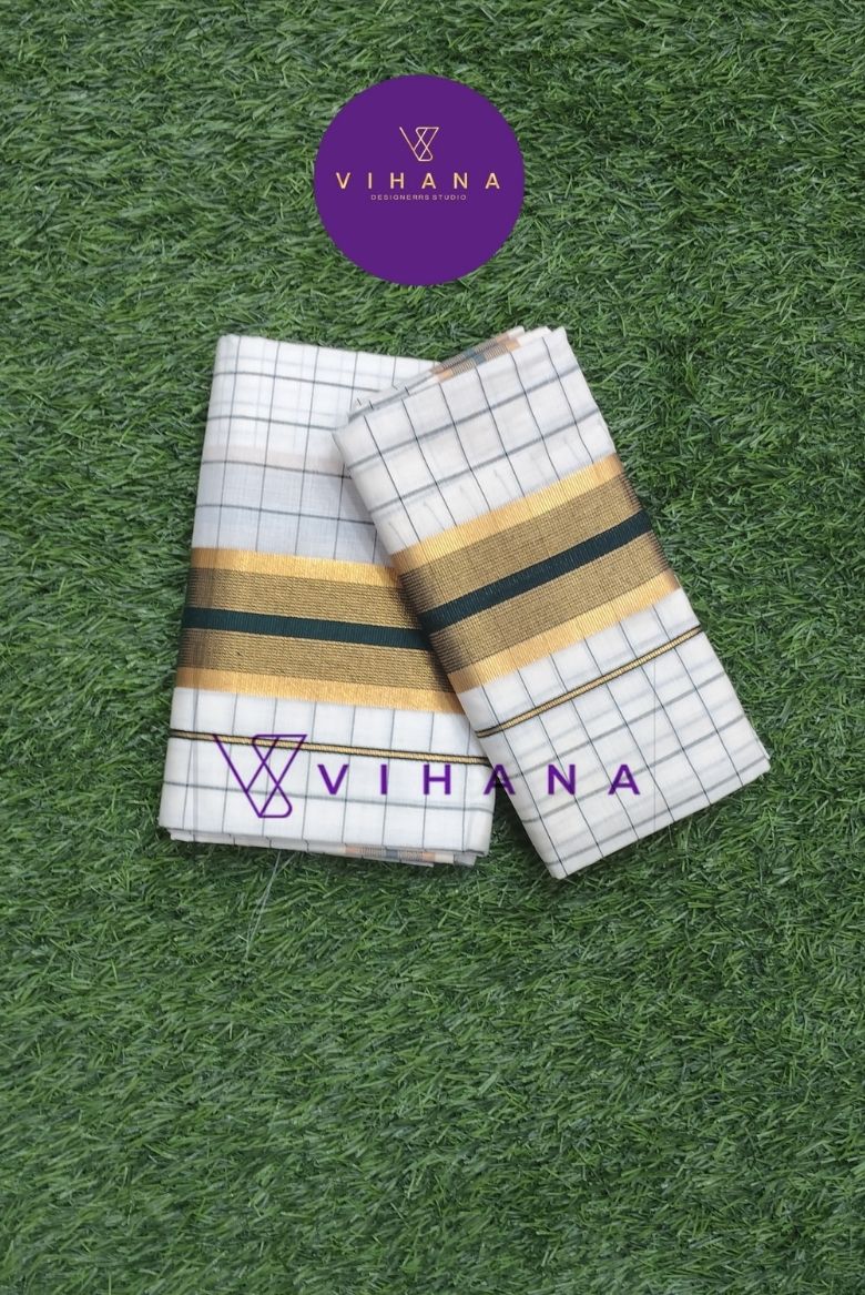 Kerala Cotton Set Mundu with Classic Check and Rich Kasavu Border