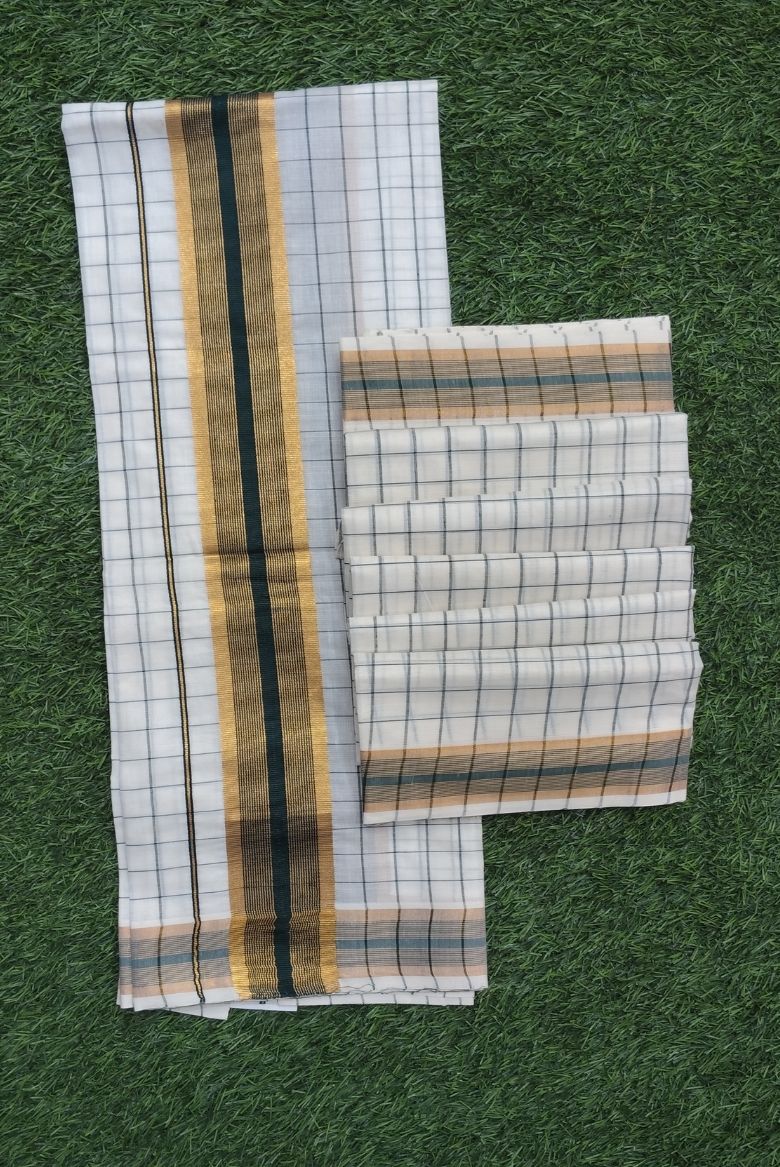 Kerala Cotton Set Mundu with Classic Check and Rich Kasavu Border - Image 2