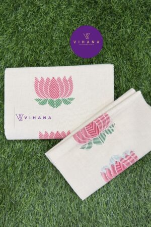 Kerala Cotton Set Mundu with Lotus Print