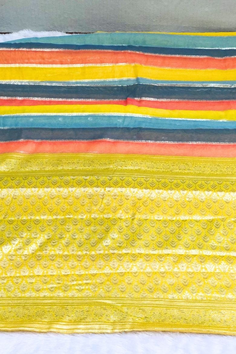 Multicolor Cotton Saree Striped woven Design with Blouse Piece - Image 3