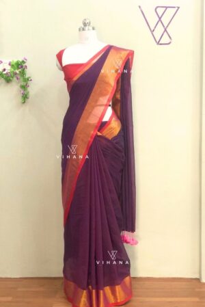 Pure 120 count Mul Cotton Purple Saree