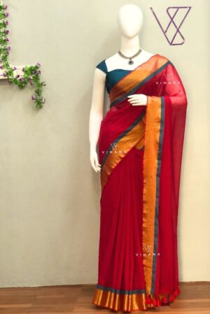 Pure 120 count Mul Cotton Red Saree