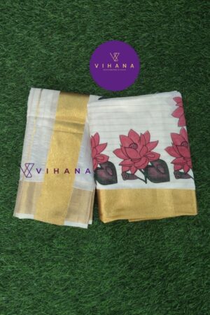 Kerala Cotton Set Mundu with Golden Strip with Lotus Print