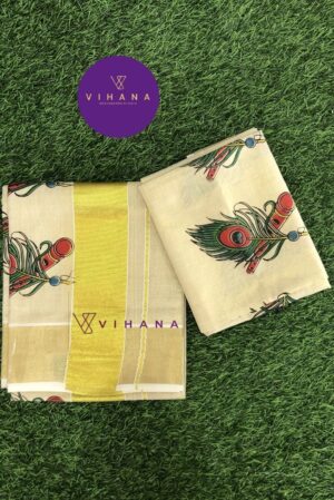 Peacock Feather and Flute Print Set Mundu with Classic Kasavu Elegance