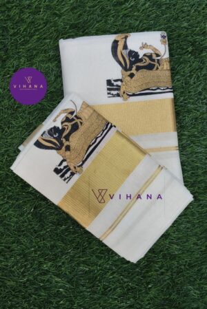 Kerala Traditional Kasavu Set Mundu with Classic Lord Mahavishnu Prints