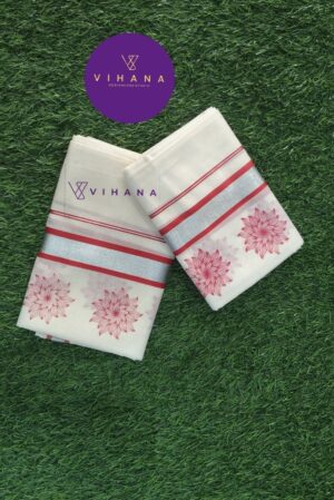 Kerala Cotton Set Mundu with Red Floral Prints