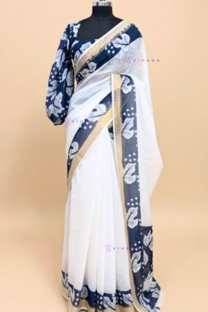 Pure White Linen Cotton Saree with Contrasting Blue Floral Design Border