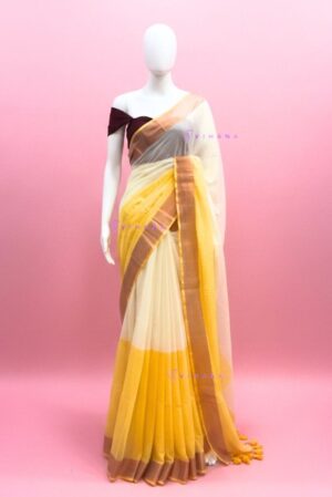 Pure 120 Count Half Dyed Off white and Yellow Mul Cotton Saree
