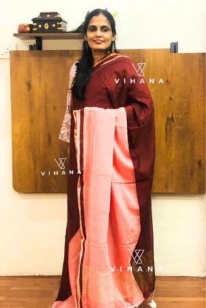 Peach and Brown Pure Mulcotton Saree120 count