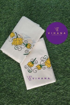 Kerala Cotton Set Mundu with Yellow Lotus Print