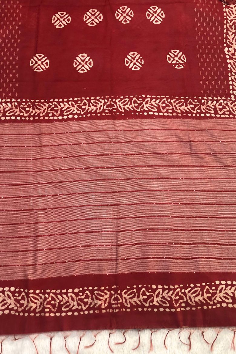 Dark Red Kota Silk Katwar Batik Print Saree - Image 4