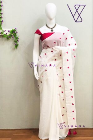 Pure Mul Cotton White Elegance with Sweet Pink Heart Embroidery