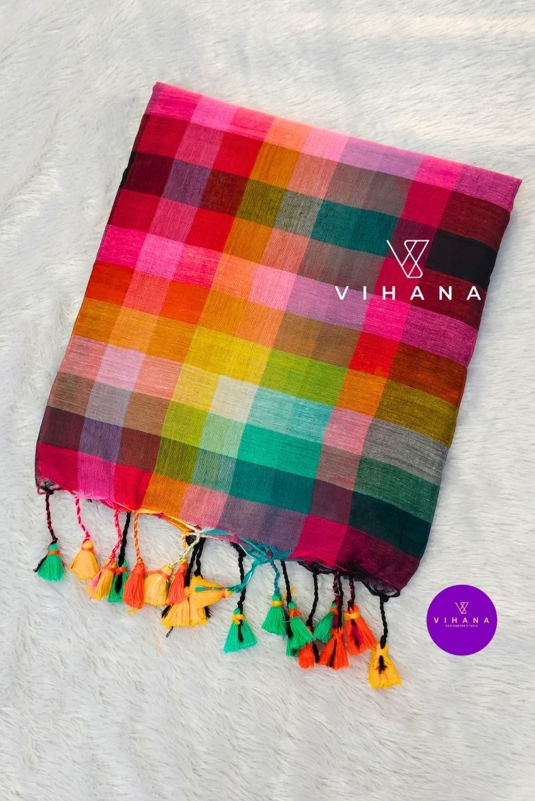 Pure 120 count Mul Cotton Black and Rainbow Design Saree - Image 2