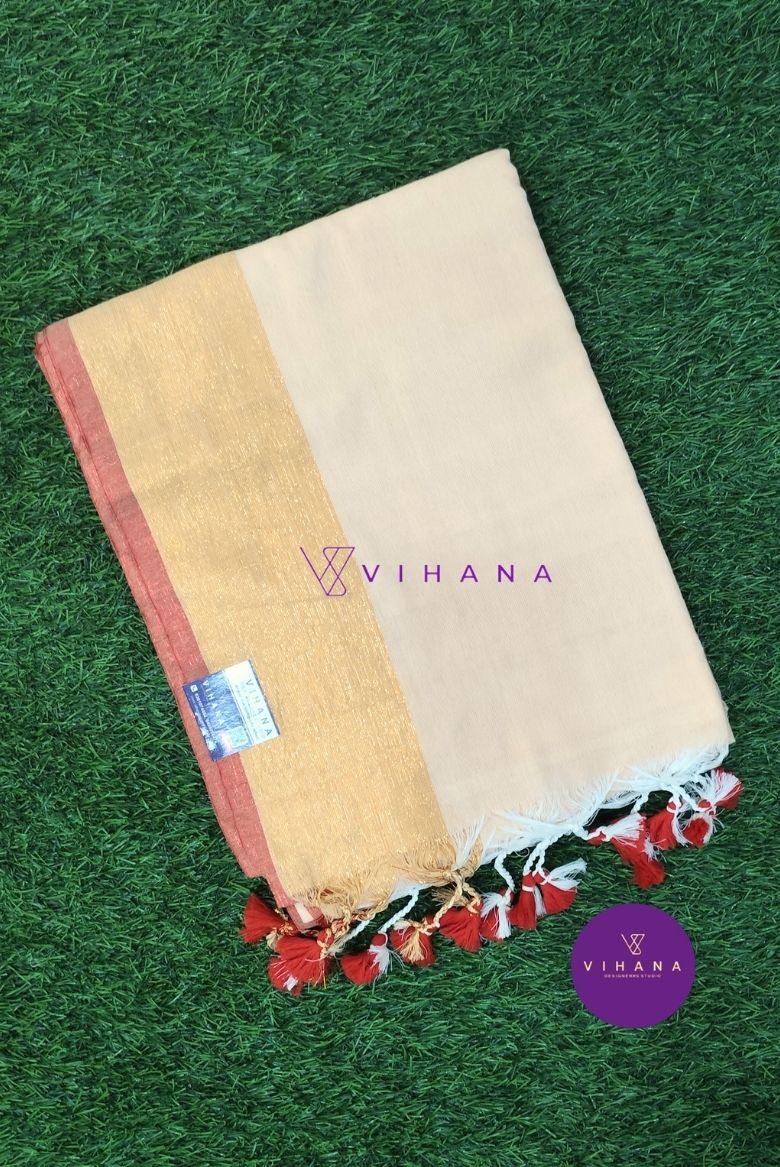 Cream Mul Cotton Saree with Contasting Golden and Red Borders - Image 2