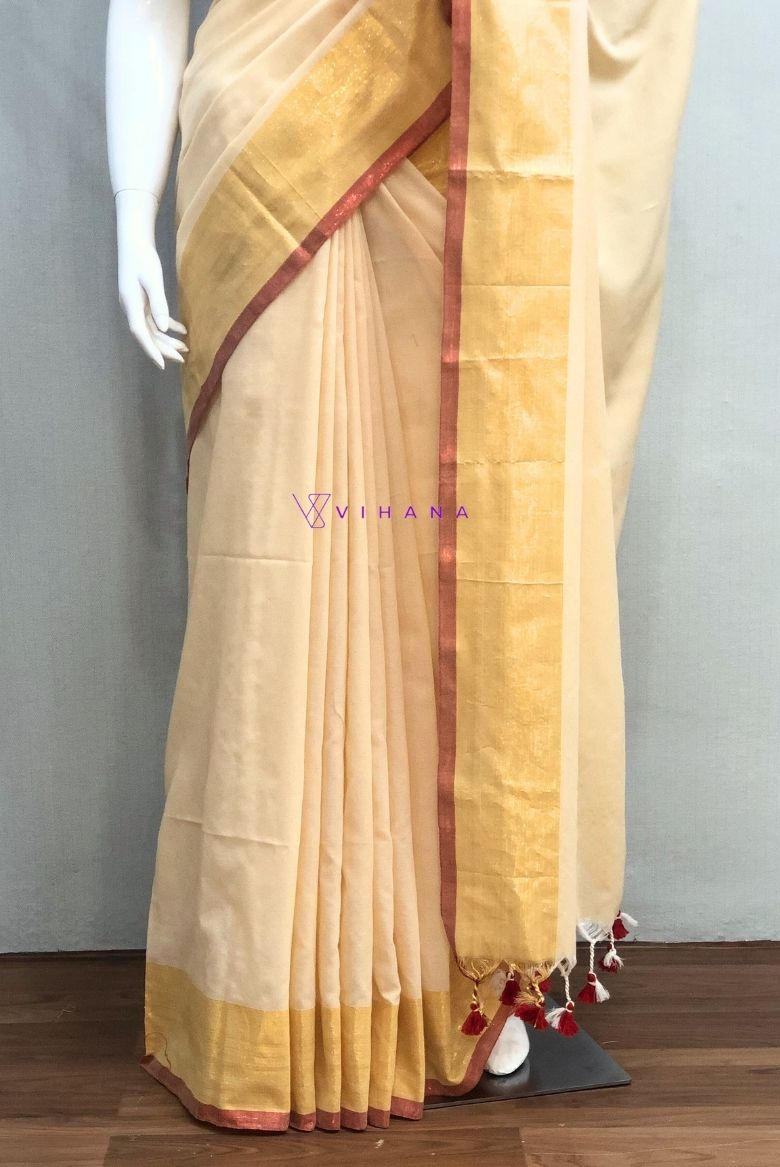 Cream Mul Cotton Saree with Contasting Golden and Red Borders - Image 4