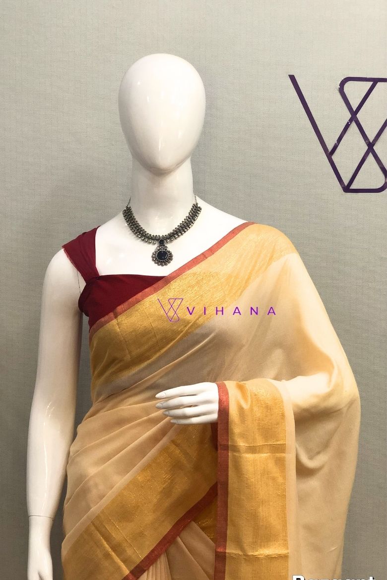 Cream Mul Cotton Saree with Contasting Golden and Red Borders - Image 3