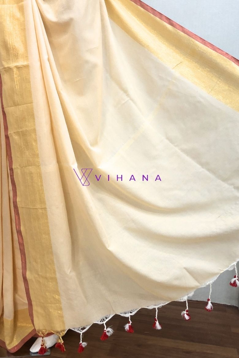 Cream Mul Cotton Saree with Contasting Golden and Red Borders - Image 5