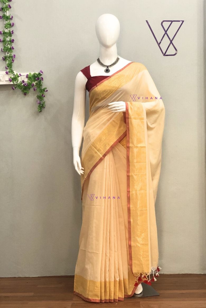 Cream Mul Cotton Saree with Contasting Golden and Red Borders