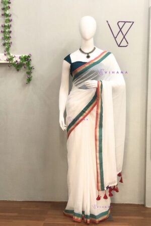 White Mul Cotton Saree with Teal and Gold Border