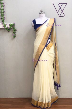 Off white Mul Cotton Saree with Purple and Golden Zari Border