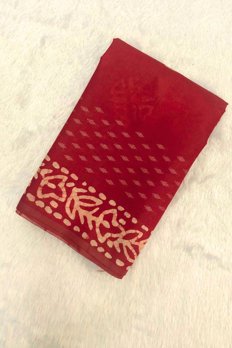 Dark Red Kota Silk Katwar Batik Print Saree - Image 2